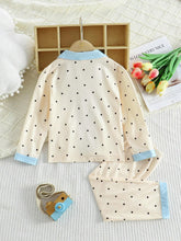 2pcs Young Girl' Casual Apricot Polka Dot Print Turndown Collar Long Sleeve Top And Pants Set, Loose And Comfortable Fire Retardant Loungewear